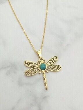 Gold Tone Dragonfly Turquoise Stone Pendant Necklace Boho Nature Jewelry